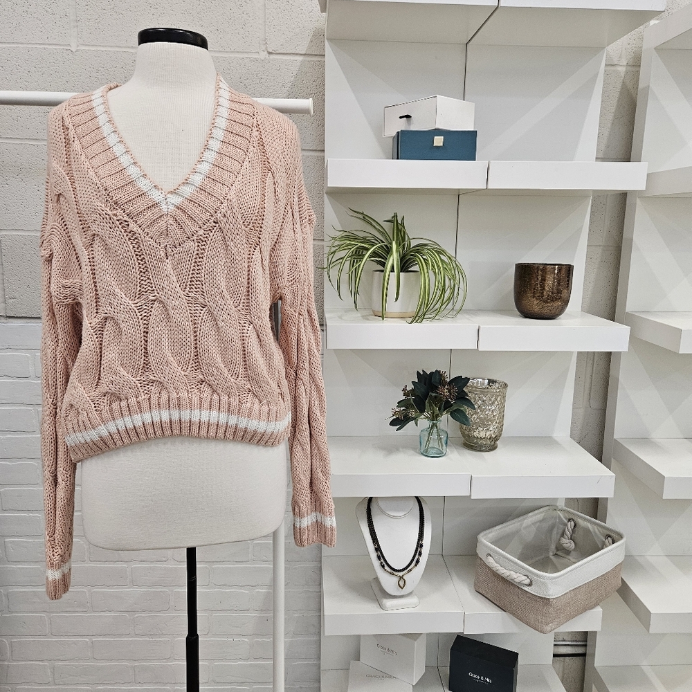 V-Neck Cable Knit Loose Weave Sweater